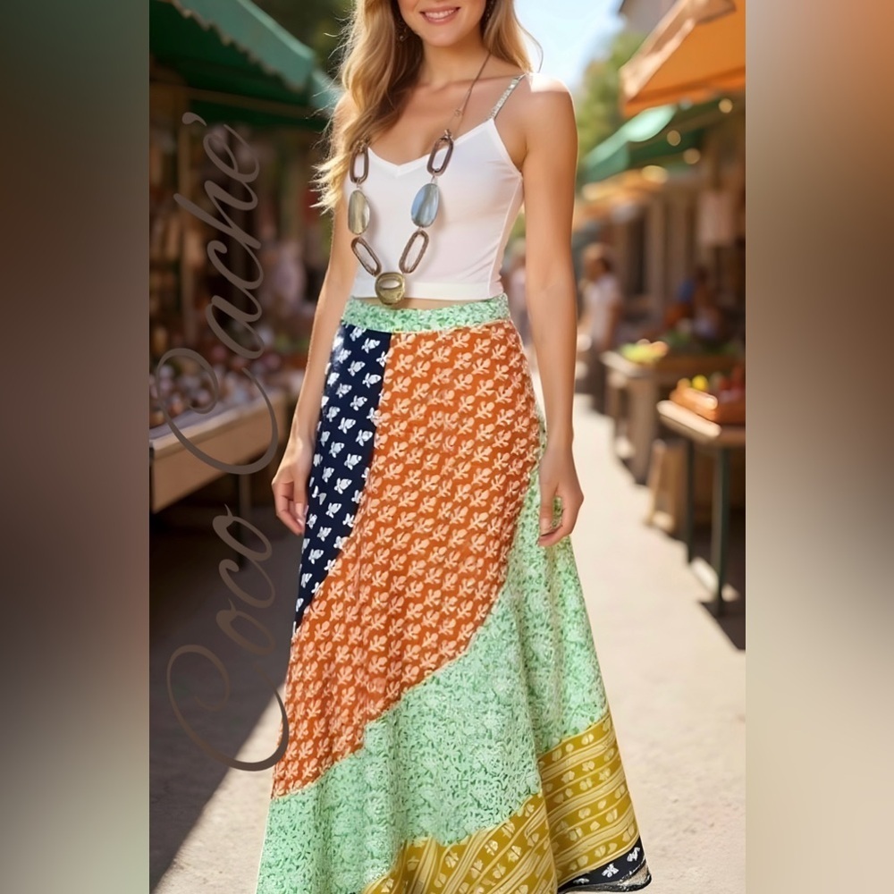 Bohemian Patchwork Flowy Asymmetrical Flounce Hem Maxi Skirt